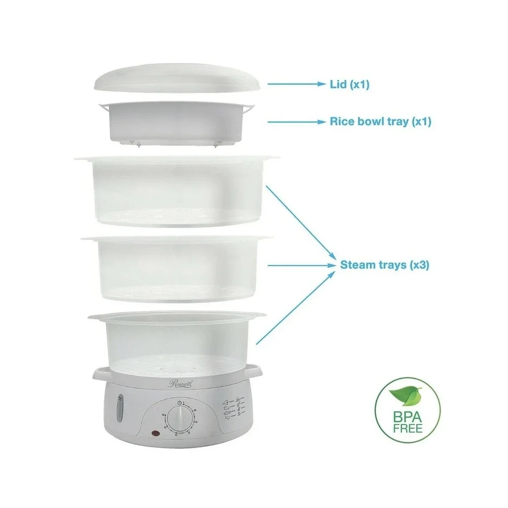 Electric steamer Rosewill BPA-free 9.5-Quart (9L) 3-Tier Stackable Baskets timer